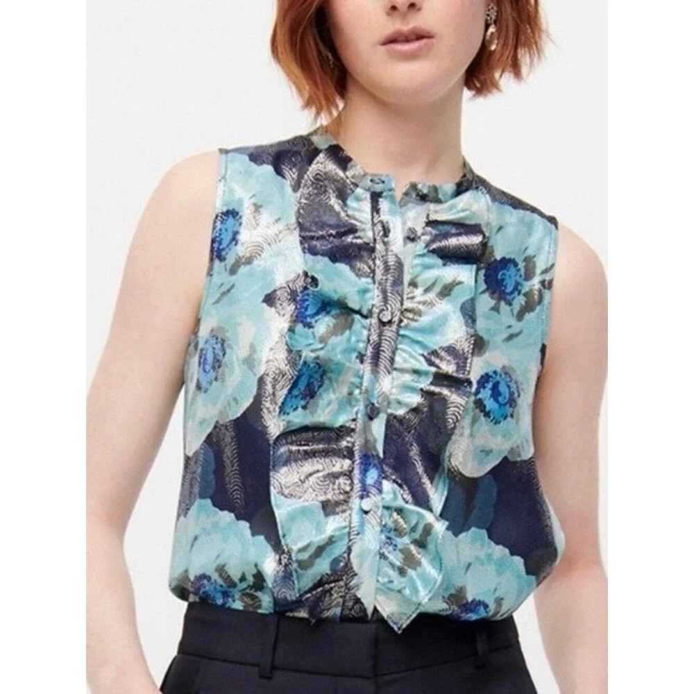 NWT J. Crew Ruffle-front Top In Floral-print Jacquard, XS